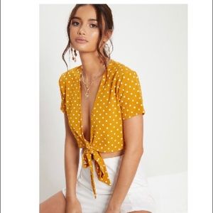Mustard Polka Dot Chiffon Tie Front Blouse